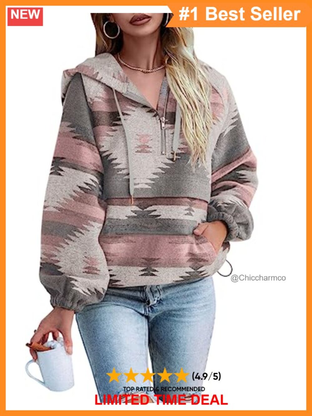 Fessceruna Womens Aztec Zip Up Hoodie Boho Western Sweatshirt